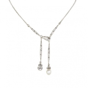 Round Brilliant Cut Diamond and Pearl Necklace in Platinum 1.00ct H/SI1